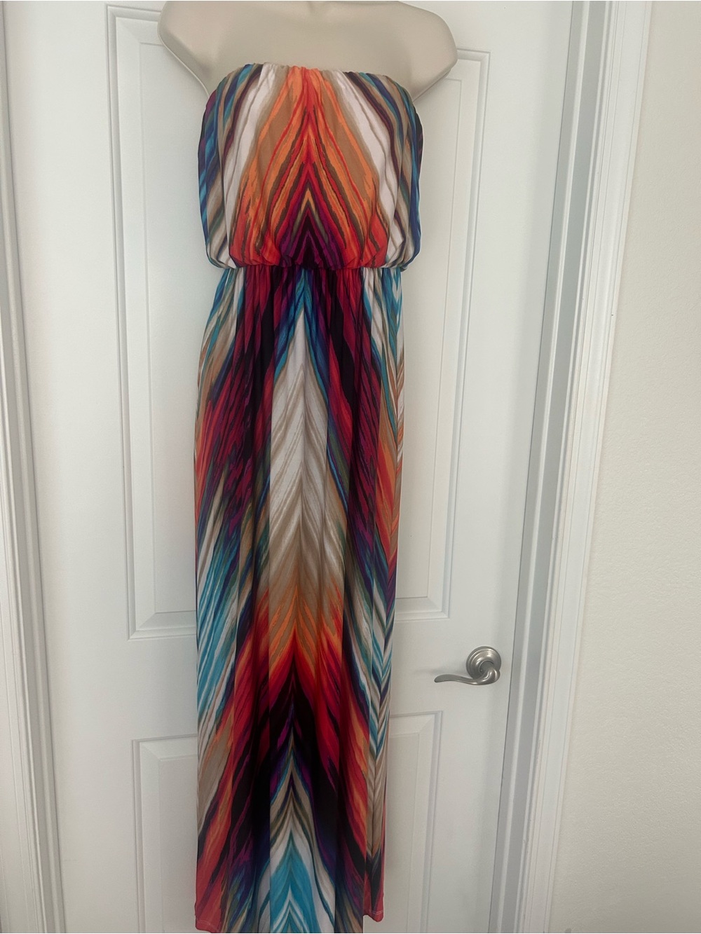 Body Central Multicolor Chevron Strapless Maxi Dress - Orange, Blue, Pink, Cream